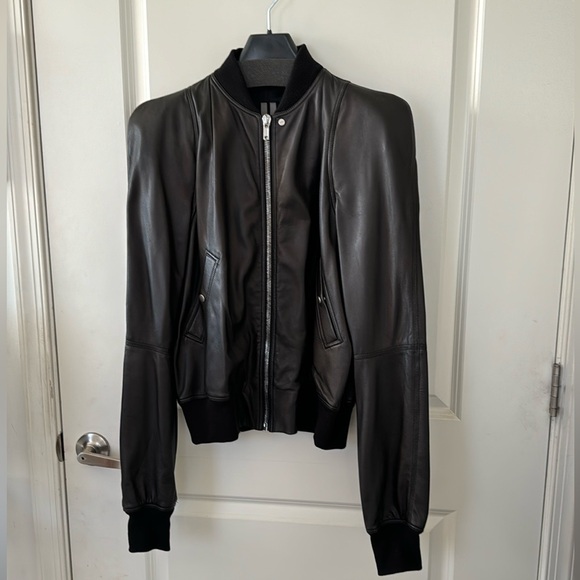 Rick Owens Black Leather Jacket with Exaggerated Padded Shoulders - Picture 1 of 6